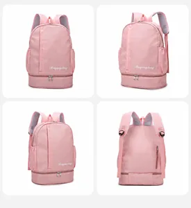 Detailed views of light pink travel backpack showing dry wet separation and shoe compartment