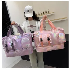 Detailed view of large holographic travel bags with wet-dry separation and bottom shoe compartment