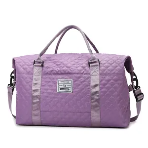 Purple quilted large capacity fitness bag with shoulder strap for travel and gym