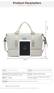 Quilted oxford travel bag showing 52cm width and dry-wet separation pocket details