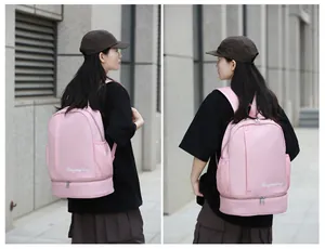 Detail view of pink gym backpack with independent wet dry separation shoe compartment
