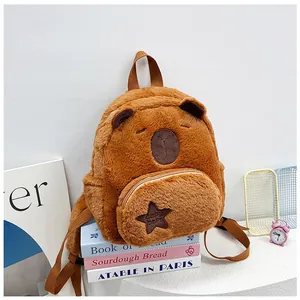 Detail of Capybara plush backpack with embroidered star pocket on decorative books