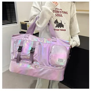 Iridescent purple travel bag featuring a bottom shoe compartment and multiple pockets