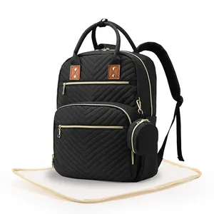 Black quilted multifunctional mommy backpack with thermal compartment and matching pad