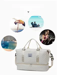 Quilted white travel bag detail showing independent shoe compartment and versatile usage