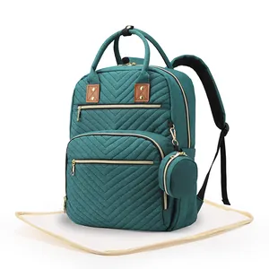 Deep teal quilted baby diaper backpack with storage pockets and changing pad