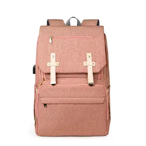 Pink multi-functional diaper backpack with USB port and large capacity storage compartments