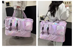 Detail view of purple laser fabric gym bag with separate shoe compartment and handles