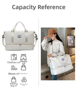 Quilted travel tote bag showing large capacity with separate bottom shoe compartment