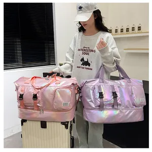 Detail of pink and purple waterproof fitness bags with dry wet separation feature