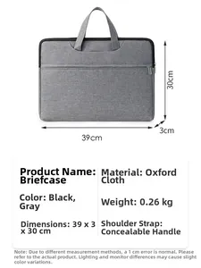 Size chart for waterproof Oxford cloth briefcase featuring hidden handles and dimensions