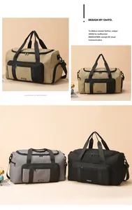 Three travel bags in khaki, grey and black colors featuring durable fabric and LYQUE label