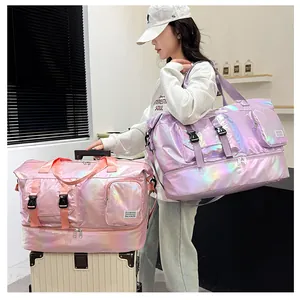 Detail of waterproof pearl finish gym bag with wet dry separation and trolley sleeve