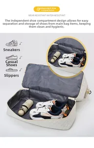 Detail of the large travel bag showing a separate shoe compartment for sneakers