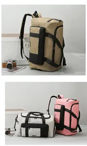 Detail showing multi-pocket travel bags in khaki, pink, and beige with durable fabric