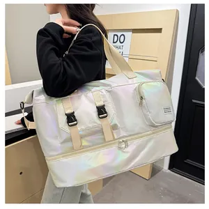 Detail of holographic waterproof gym bag with side buckle and shoe compartment for sports