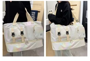 Detailed holographic gym bag showing waterproof fabric and large dry wet separation section
