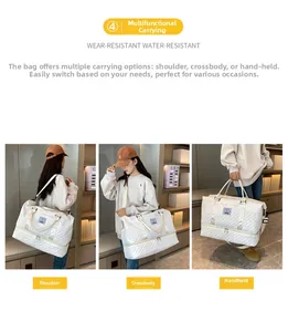 Quilted travel bag detail showing shoulder, crossbody, and hand carry options
