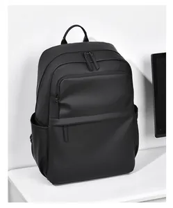Detail view of the black minimalist PU leather laptop backpack showing hidden zipper and side pocket