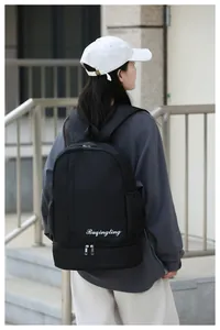 Detail of waterproof nylon backpack with dry-wet separation bottom and side pockets