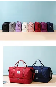 Detailed view of large quilted travel bag with shoe compartment in multiple colors