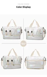 Macro views of pearlescent white waterproof bag with dry-wet separation and shoe pocket