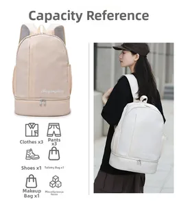 Detail of travel backpack showing dry wet separation design and large bottom compartment