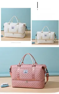 Quilted travel bag detail showing large capacity, shoe compartment and beige pink colors