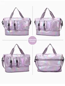 Detailed views of the pearlescent purple waterproof fitness travel bag with multiple angles