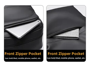Close-up of the front zipper pocket on a black PU leather backpack for tablets and items