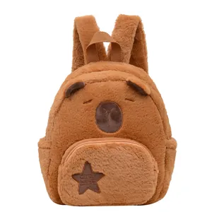 Cute brown plush Capybara backpack featuring soft fluffy texture and embroidered details