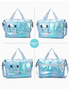Detail view of pearl blue waterproof sports bag with multiple compartments and shoe storage