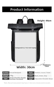 Waterproof roll-top backpack details: 44x30x13cm size for 15.6 inch laptops