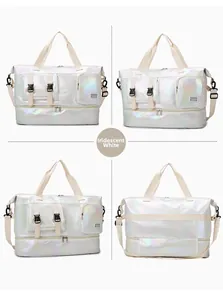 Detail view of pearlescent white waterproof travel bag with wet-dry separation base