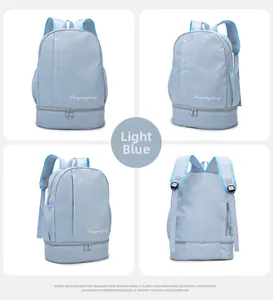 Detailed views of light blue travel backpack featuring wet dry separation and shoe compartment