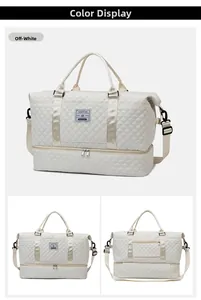 Detailed views of cream quilted travel bag showing dual handles and separate shoe compartment