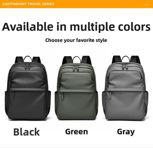 Front view of lightweight travel backpacks in black, green, and grey matte PU fabric