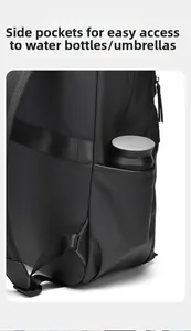 Detail of waterproof matte backpack side pocket holding a sleek insulated water bottle