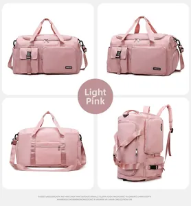 Sac de voyage rose clair multifonctionnel montrant les vues avant, arrière, côté et d'angle