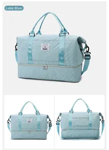 Detail view of lake blue quilted travel bag with independent bottom shoe compartment