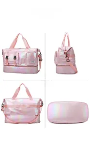 Four-angle view of pink holographic fitness bag showing shoe compartment and compartments
