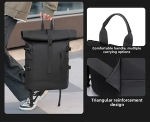 Vue détaillée de la poignée renforcée et des coutures du sac à dos étanche noir