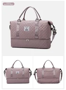 Detailed view of pink quilted travel bag showing large capacity and shoe compartment