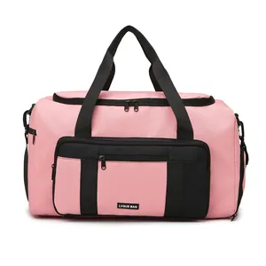 Pink and black large capacity travel sports bag with durable nylon handles and side pocket