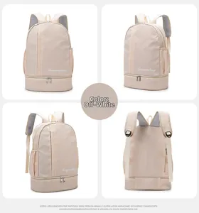 Four-angle view of beige travel bag with wet-dry separation and waterproof compartments