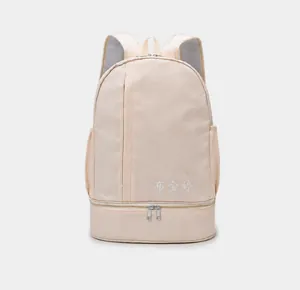 Macro view of beige travel backpack with waterproof fabric and separate shoe compartment