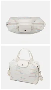 Detail of white travel bag with colorful stitching showing top view and side profile
