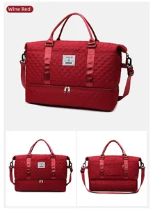 Detail view of wine red quilted travel bag showing large capacity and separate shoe compartment