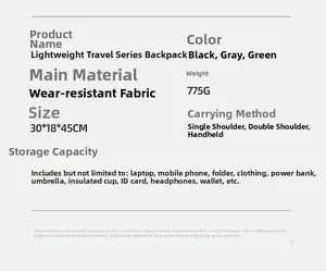 Detailed spec chart for 15.6 inch laptop backpack showing dimensions and wear-resistant fabric