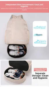 Detail view of the dedicated shoe compartment at the bottom of the beige travel backpack